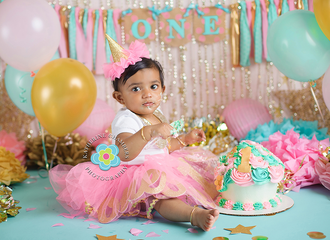 Baby’s First Year, One Year Session, Pink, gold, aqua, Cake smash, Cleveland Photographer, Katherine Chambers Photography