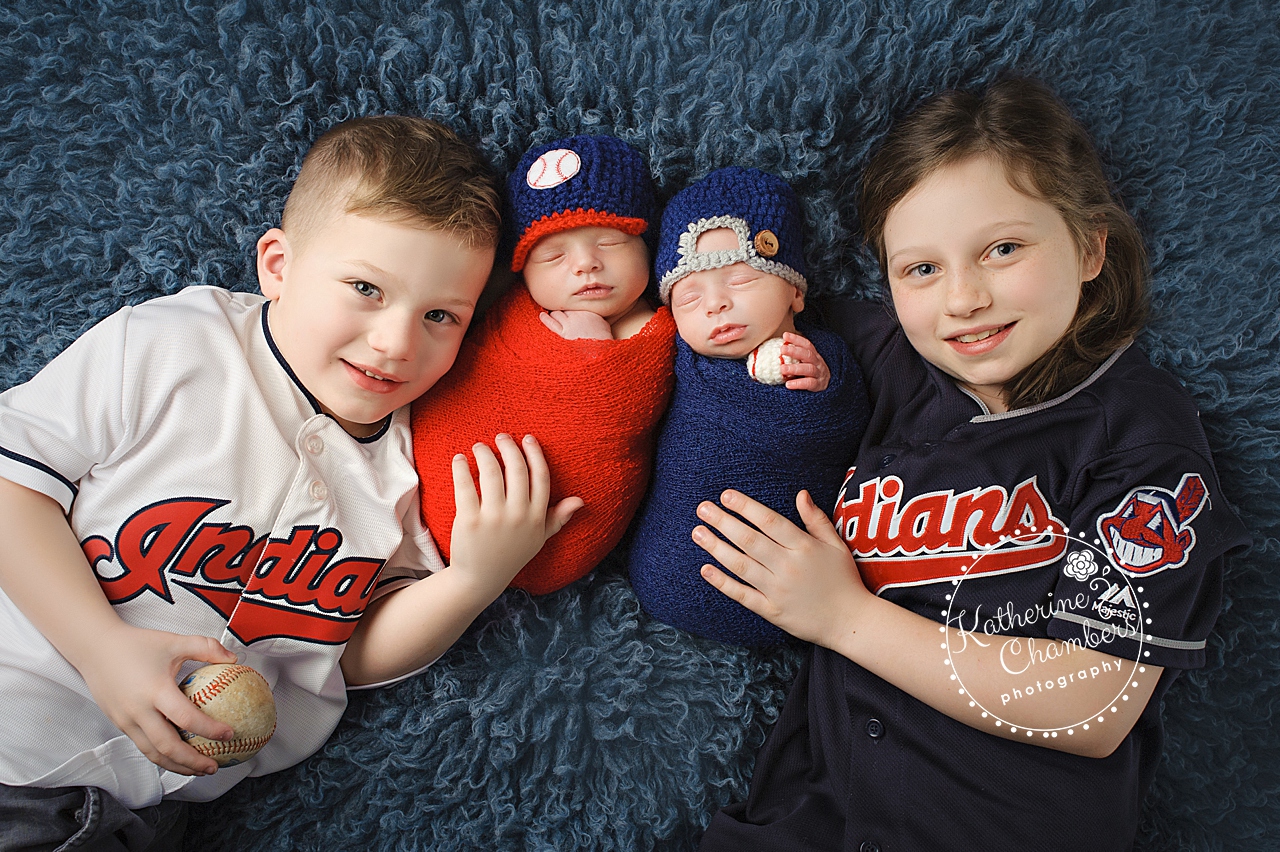 Cleveland Indian's Newborn Photos, Siblings with Twins, Baseball Newborn Photos